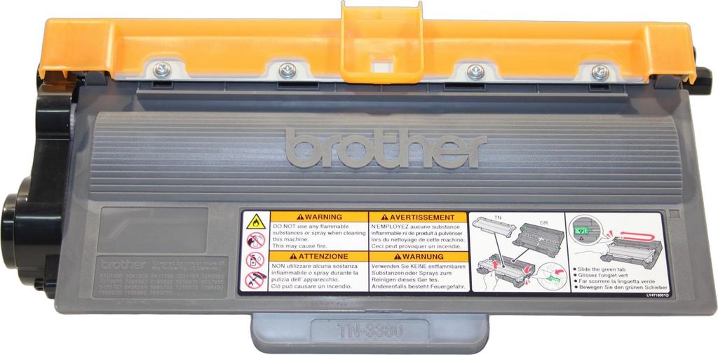 A Brother TN-3380 black toner cartridge is shown against a white background.