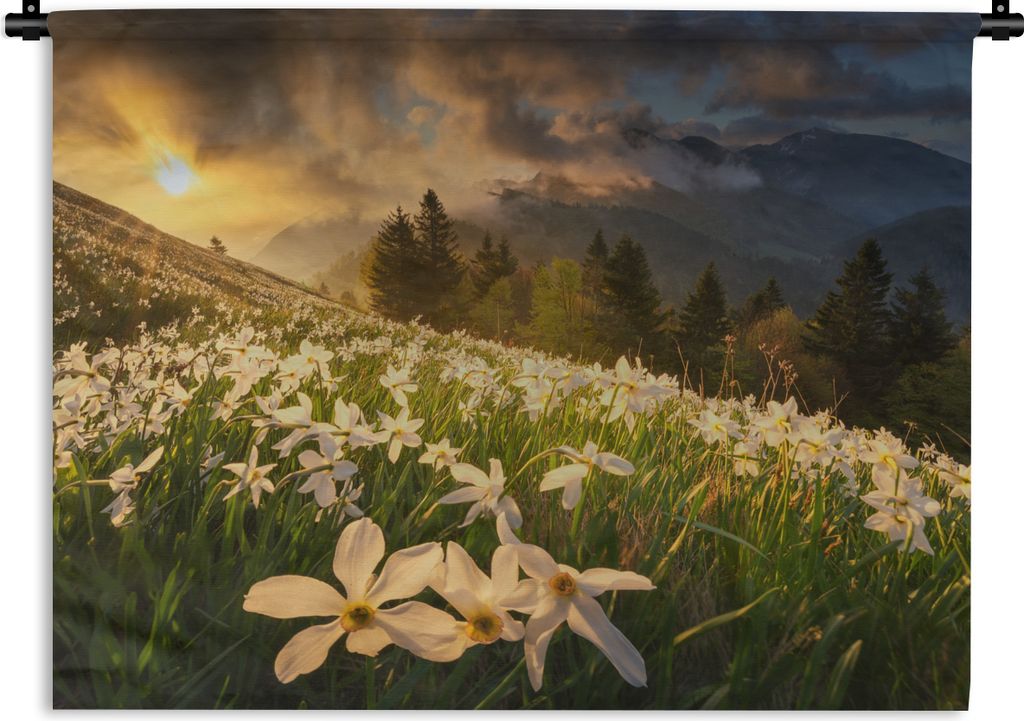 MuchoWow Wandteppich Wandbehang Blumenfeld - Hügel - Sonnenuntergang - Berg - Natur - Weiß - Hügel 90x67.5 cm Tapisserie Dekoration Wandtuch -...