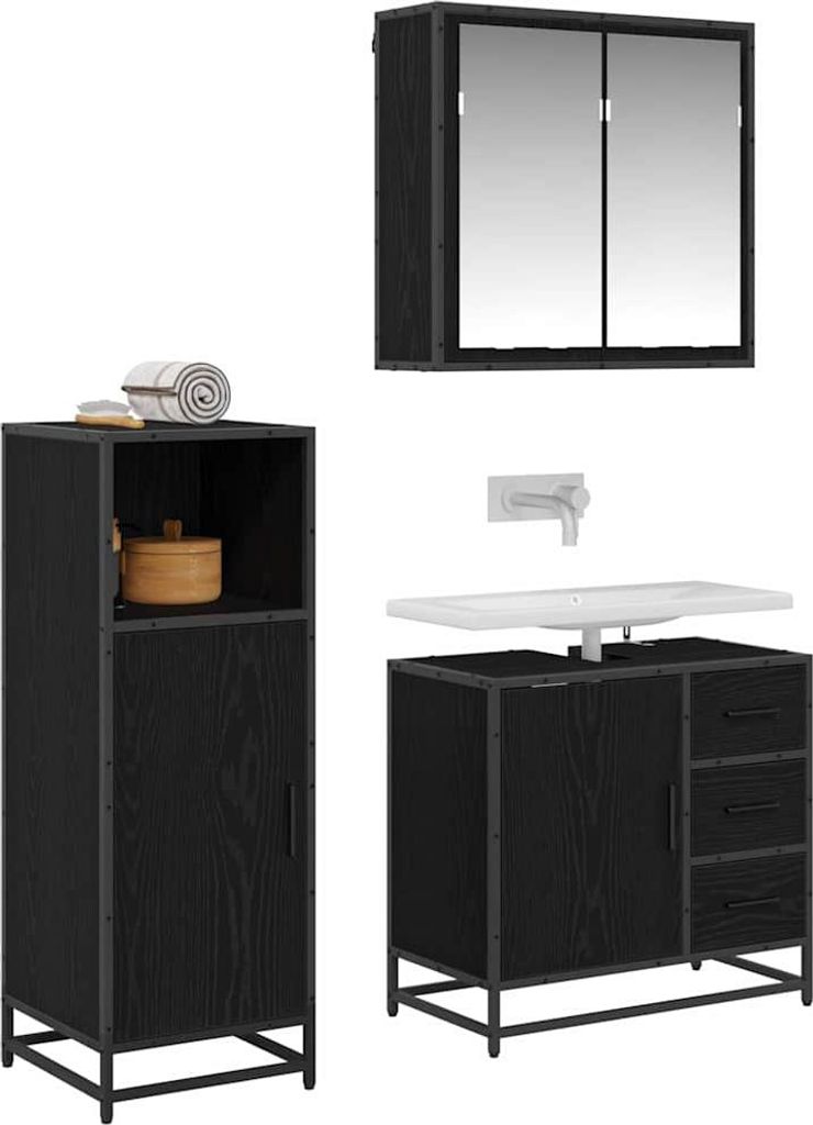 Stabli Badezimmermöbel-Set 3 pcs - Montage erforderlich - Schwarz Eichen-Optik Holzwerkstoff - DE935981 - Badezimmerschränke