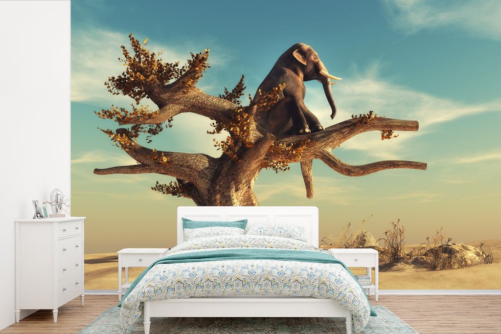 MuchoWow Fototapete für Wohnzimmer oder Schlafzimmer Wandtapete Vinyl Motivtapete Elefant - Baum - Natur - Wüste - 360x240 cm - Vinyl-Tapete