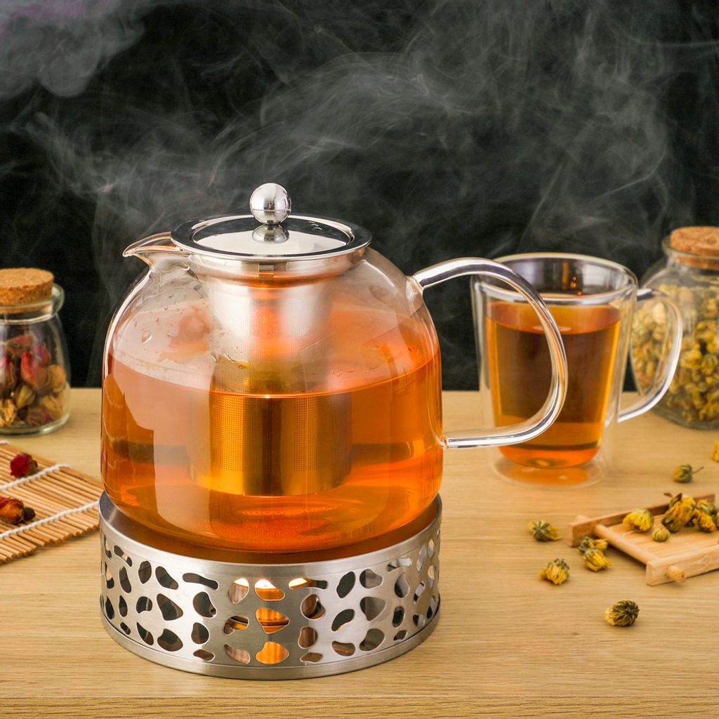 Teekanne Kaffekanne mit Stövchen Glas 2 tlg Kanne 1,5L Teezubereiter Glaskanne 