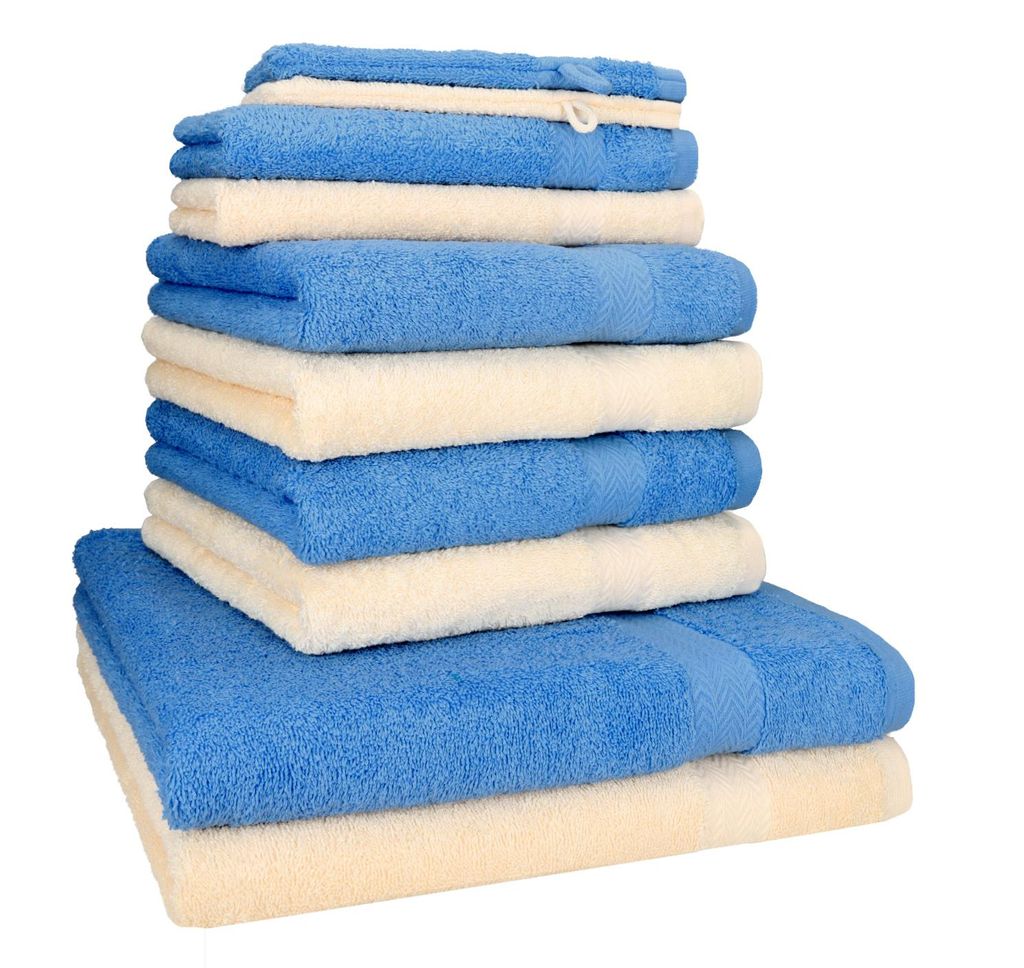 Betz 10-tlg. Handtuch-Set PREMIUM 2 Duschtücher 4 Handtücher 2 Gästetücher 2 Waschhandschuhe Farbe: beige & hell blau