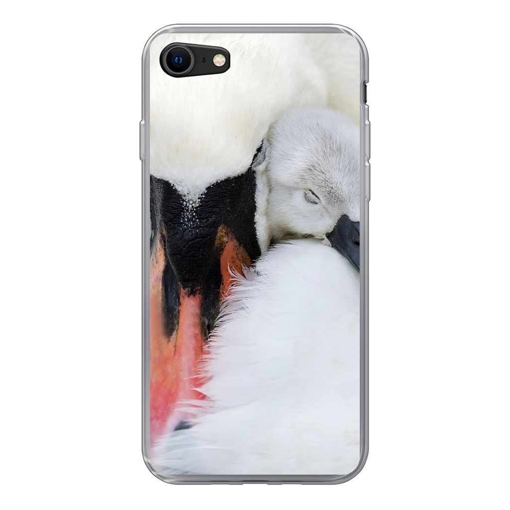 MuchoWow Handyhülle Schutzhülle Hülle für iPhone SE 2022 Nahaufnahme eines Schwans mit Jungen Silikon Softcase Handy Hülle - Schutzhülle