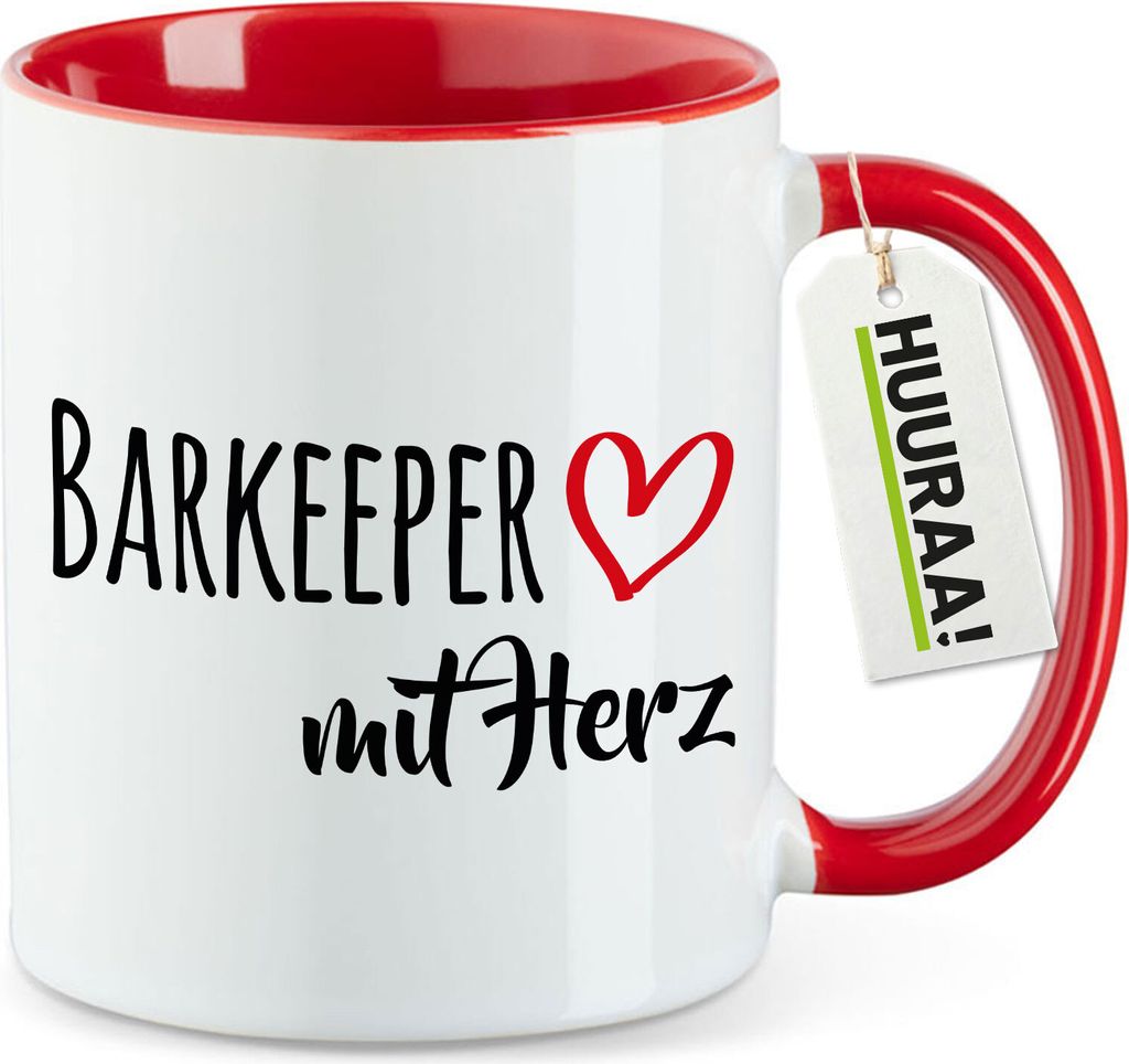 Huuraa Kaffeetasse Barkeeper mit Herz 330ml Rot Keramik Kaffeebecher Geschenkidee