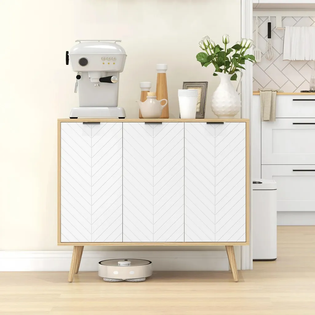 Commode Buffet avec Tablettes Réglables en Bois Blanc et Finition Chêne - 2
