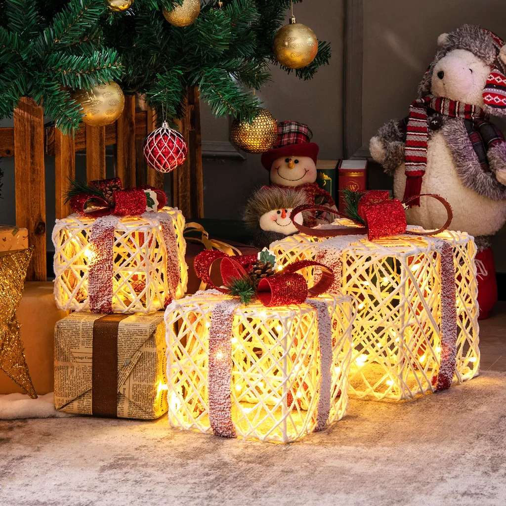 Lot de 3 Boîtes Cadeaux Lumineuses Noël avec 60 LED et Minuterie Intégrée