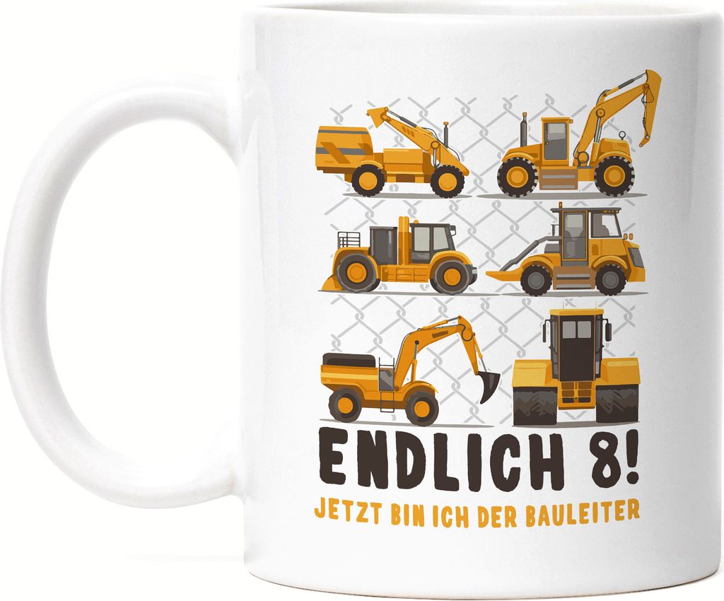 Endlich 8 Tasse 8. Geburtstag Geburtstagskind Kindergeburtstag Bagger Baustelle Baumeister