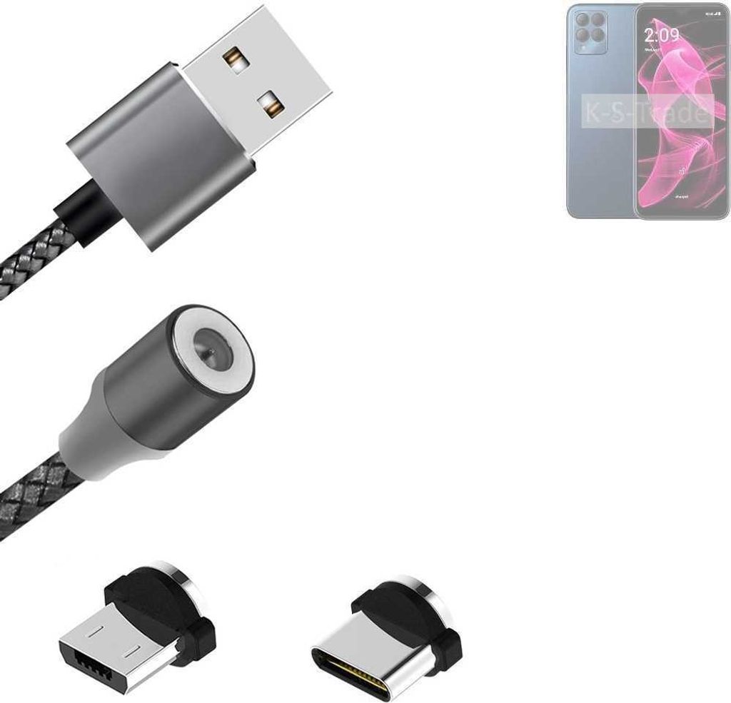 K-S-Trade Hochwertiges Magnet-Lade-kabel Sync-Kabel Daten-Kabel für T-Mobile REVVL 6x Pro mit USB-Typ-C-Anschluss und Micro-USB-Anschluss 2A bis zu