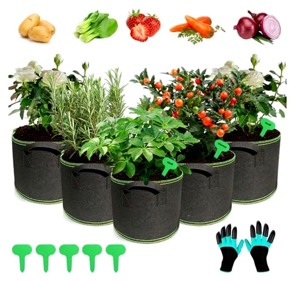 5 Stück Kartoffelpflanzsäcke, 12 L Pflanzbeutel mit 5 Pflanzen-Tags und 1 Paar Handschuhe aus Vliesstoff mit Griffen für den Garten