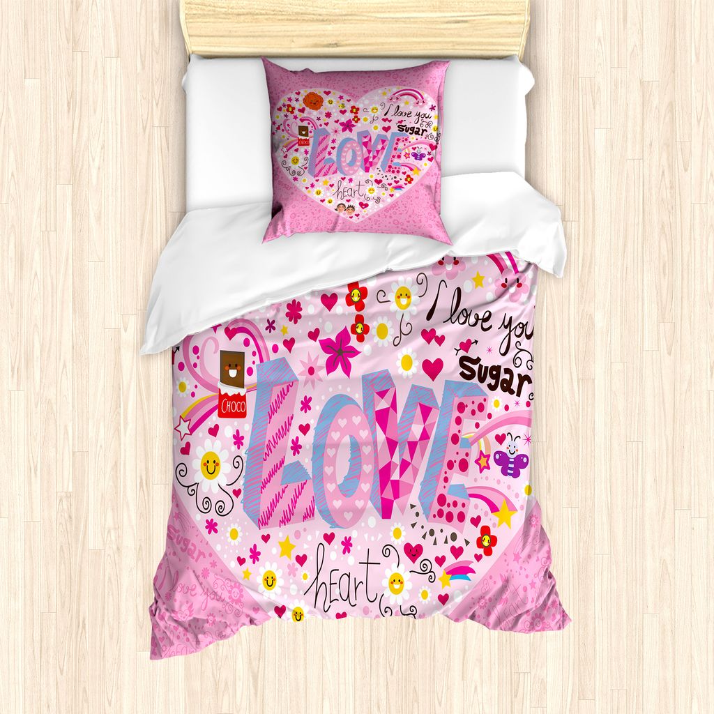 ABAKUHAUS Liebe Bettbezug Set für Einzelbetten, Ich Liebe Dich, Zucker, Herz, Milbensicher Allergiker geeignet mit Kissenbezug, 135 cm x 200 cm - ...