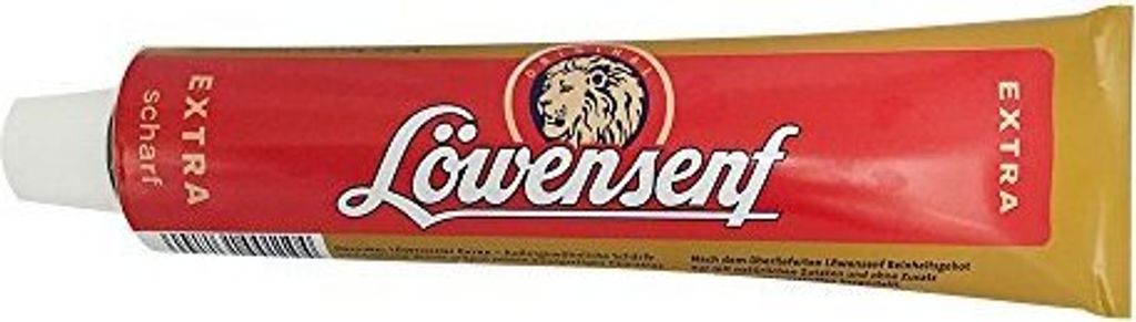 A tube of Löwensenf extra scharf mustard.