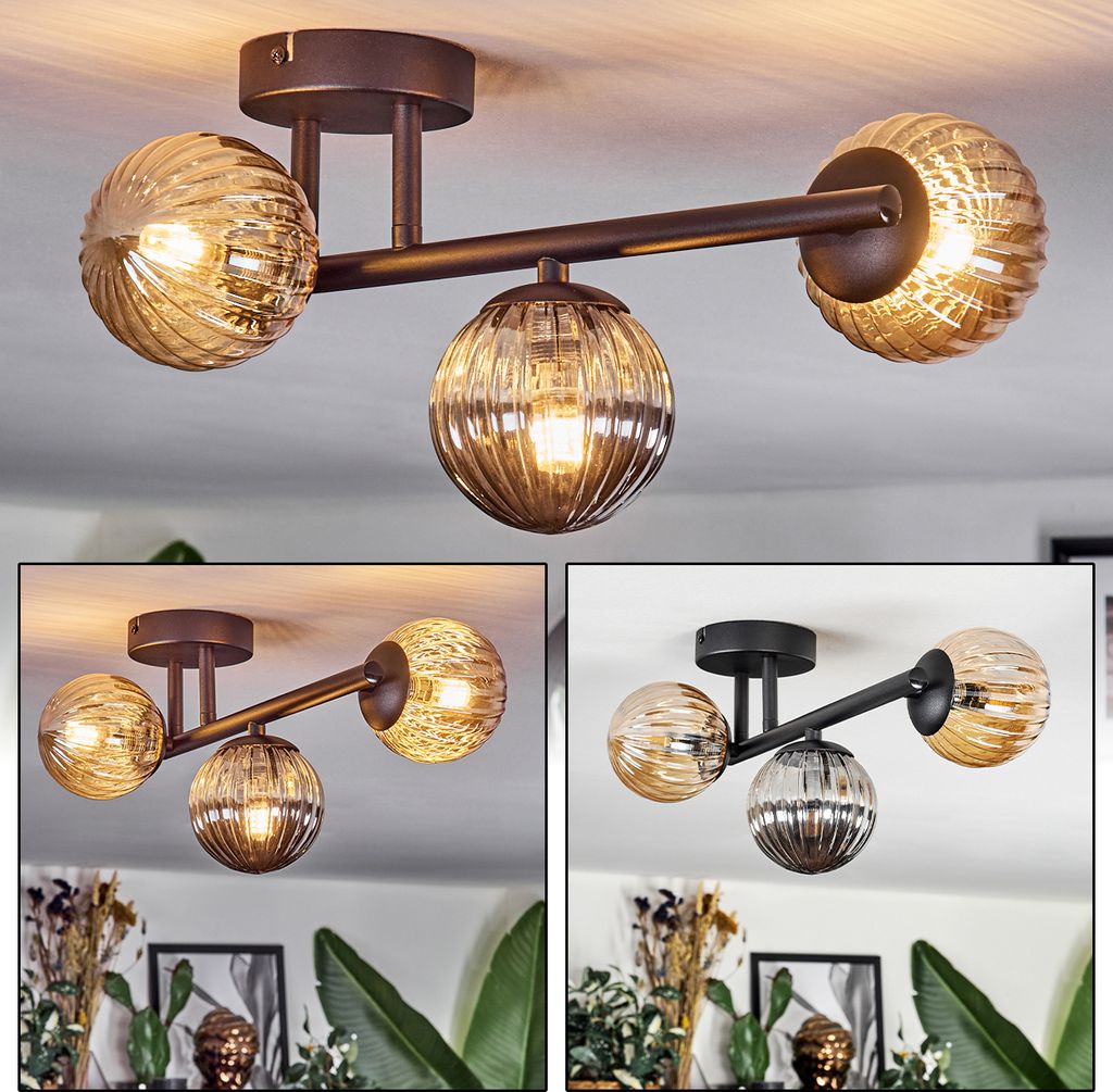 Isorella Deckenlampe aus Metall/Riffelglas in Schwarz/Bernstein/Rauch