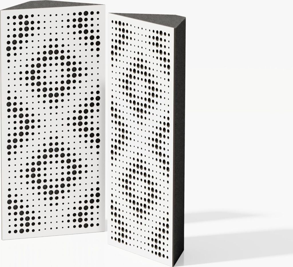 Two triangular acoustic bass traps with a perforated pattern are shown against a white background.