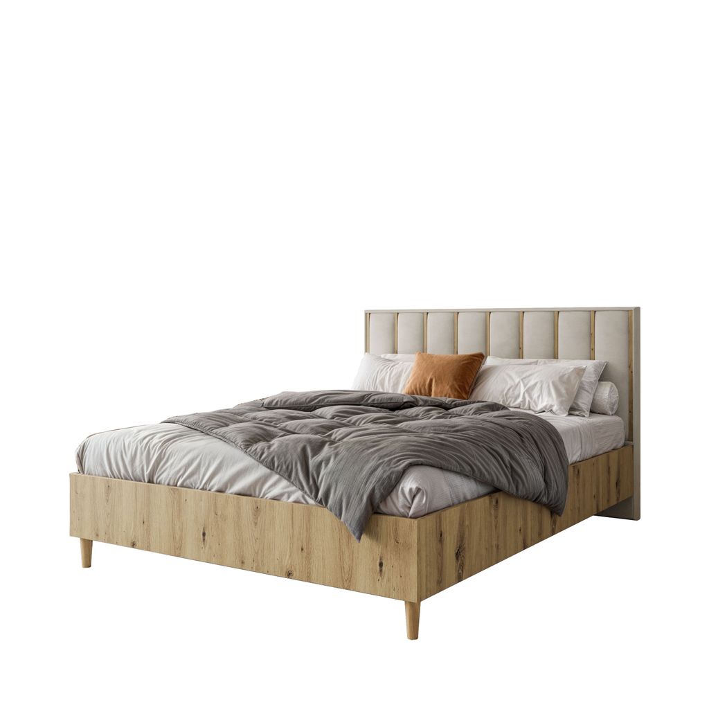 Doppelbett Luk I 160 x 200 cm ohne Matratze Bett mit Lattenrost Jugendbett Kopfteil mit Bettkasten ohne Nachttisch (Eiche artisan, Jasmine 21 – b...