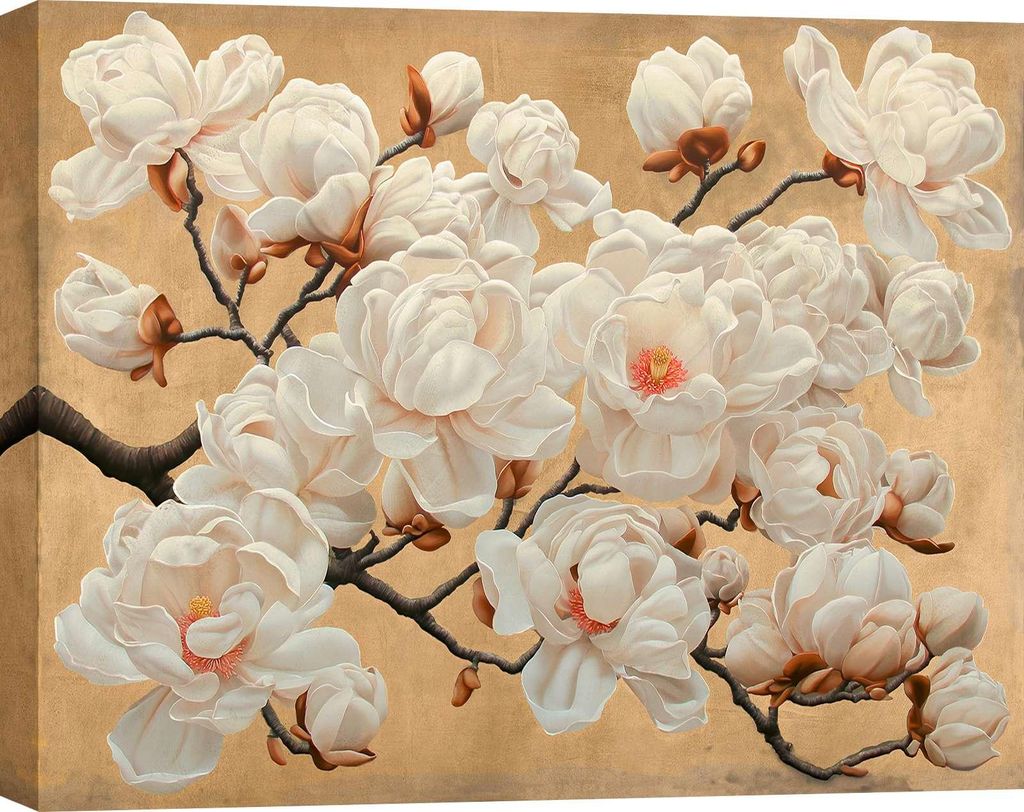 Leinwandbilder, moderne Blumen - Remy Dellal - Magnolie (Gold) - 120 x 90 cm