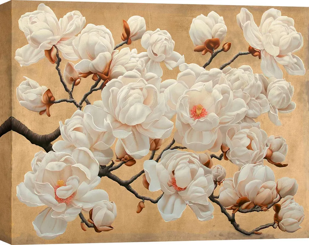 Décoration murale fleurs modernes : Toile Magnolia Gold 100x70 cm chic