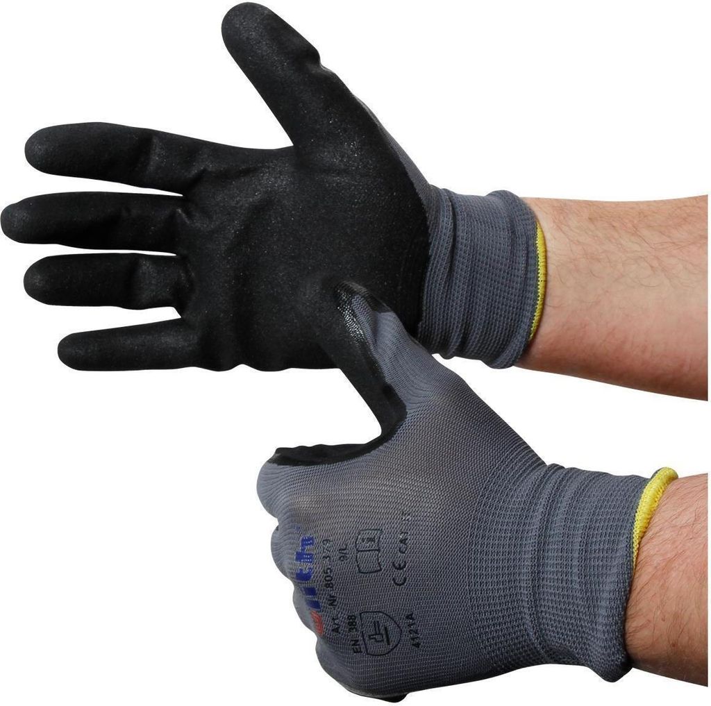 Montage-Feinstrickhandschuhe, Größe 9/L, grau, 13G-Trägermaterial, Nitril