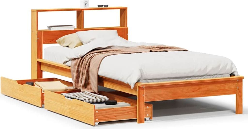 vidaXL Massivholzbett mit Regal ohne Matratze Wachsbraun 90x200 cm