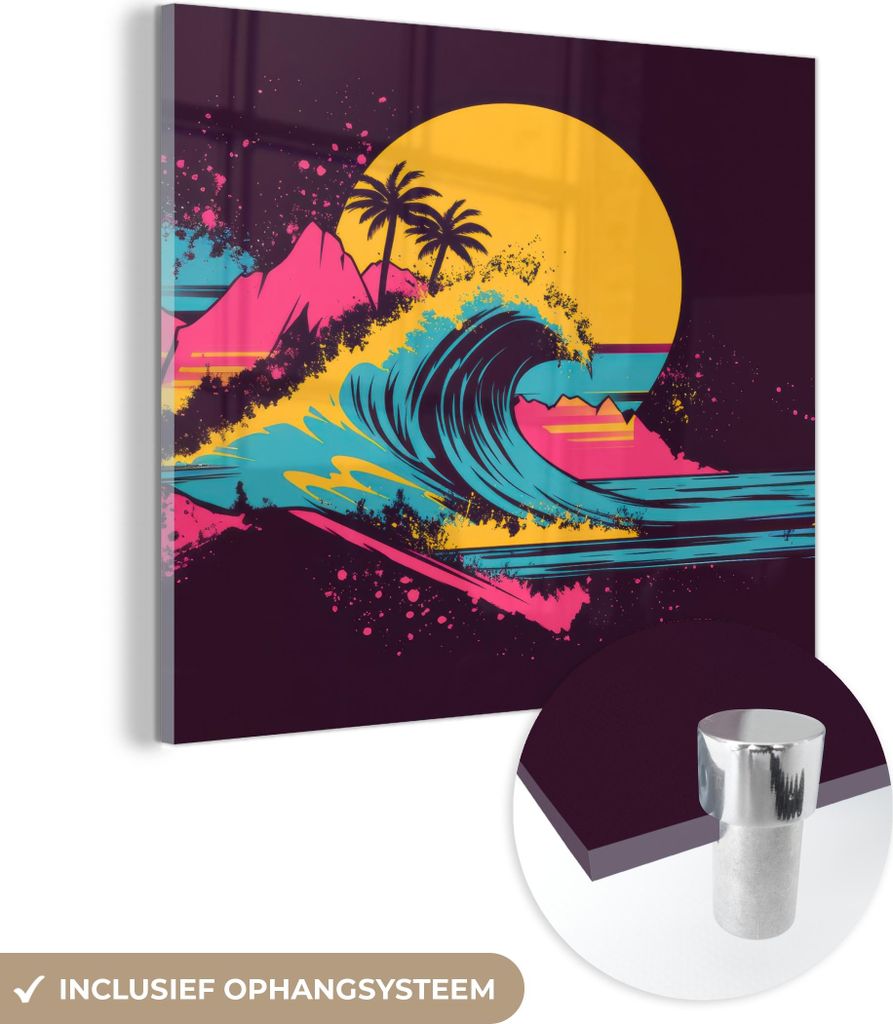 MuchoWow Glasbilder - Bilder auf Wandbild - Foto auf Glas Golf - Bunt - Sonne - Palmen 40x40 cm Wanddekoration aus Glas - Acrylglasbild - Acrylbilder