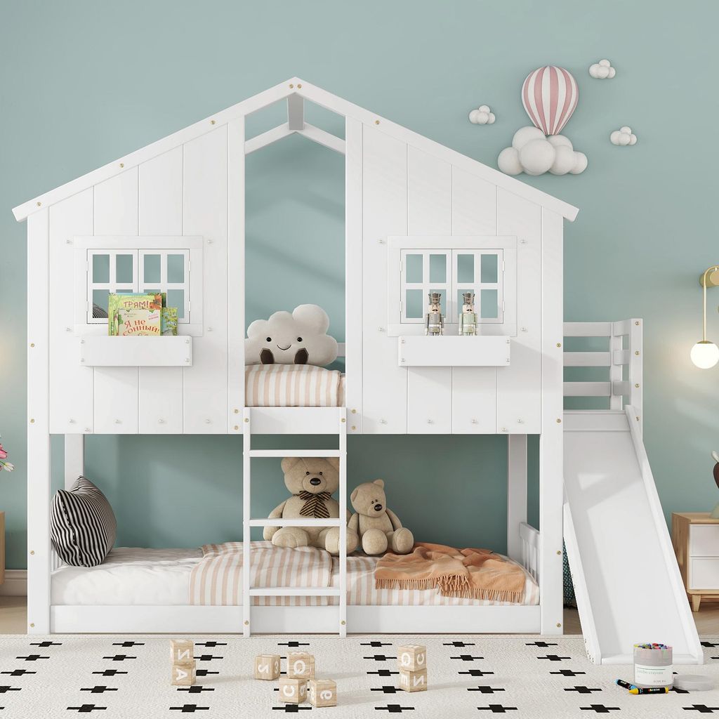 Spielhaus-Etagenbett mit Rutsche, Dach und Fenster – Kiefernholz-Doppelstockbett für Kinder, mit Fallschutzgitter und dreistufiger Leiter, Weiß...