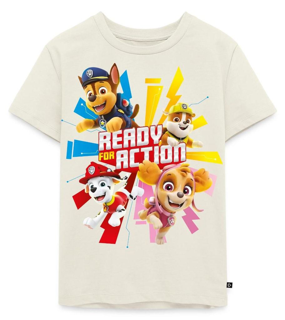 Spreadshirt Paw Patrol Ready For Action Spruch Kinder Premium T-Shirt, 134/140 (8 Jahre), Naturweiß