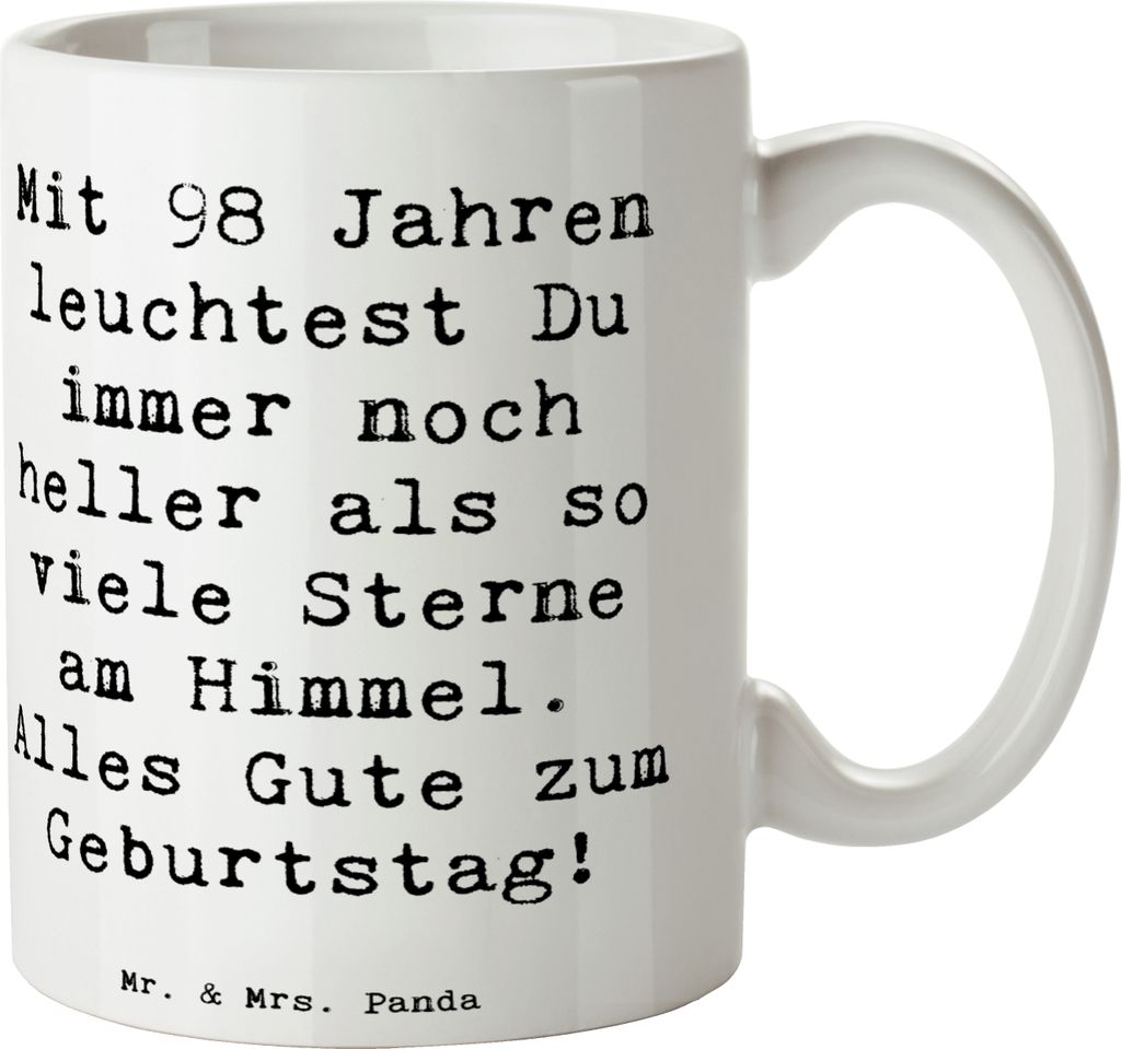 Mr. & Mrs. Panda Tasse Spruch 98. Geburtstag Leuchten - Weiß - Geschenk, Geburtstagsgruß, Glücksmomente, Glückwunsch, Trinkbecher, Kaffeetasse,...