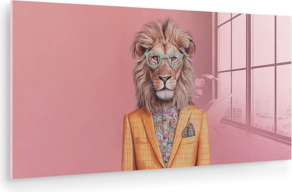 MuchoWow Glasbilder - Bilder auf Wandbild - Foto auf Glas Löwe - Anzug - Kariert - Brille 40x20 cm Wanddekoration aus Glas - Acrylglasbild - Acryl...