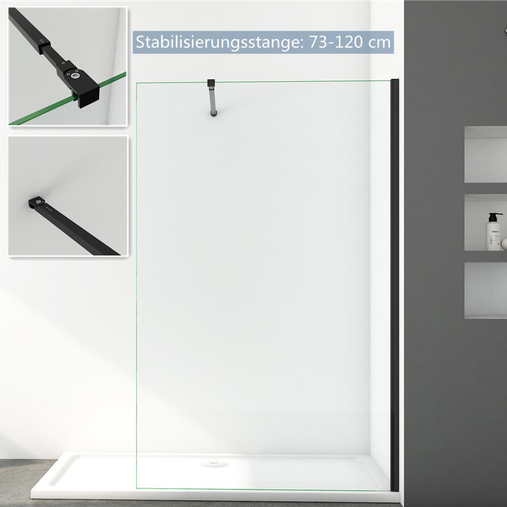 60x200cm Duschabtrennung Duschwand Walk In NANO Echtglas schwarz Duschkabine Glas Dusche