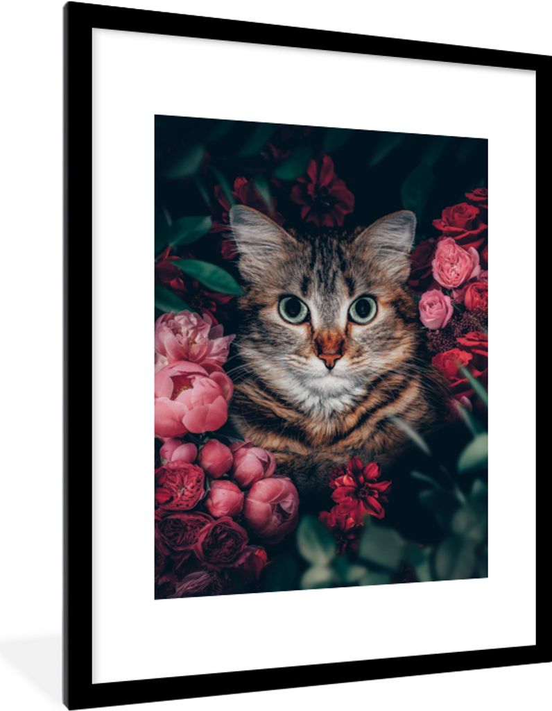 MuchoWow Gerahmtes Poster Katze - Blumen - Blätter - Botanisch 60x80 cm - Poster mit Schwarzem Bilderrahmen Wandposter Rahmen Foto Bilder - Wohn...