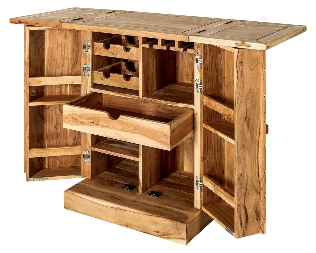 Handgearbeiteter Barschrank MOSAICO 130 cm aus massivem Akazienholz mit 3D-Effekt