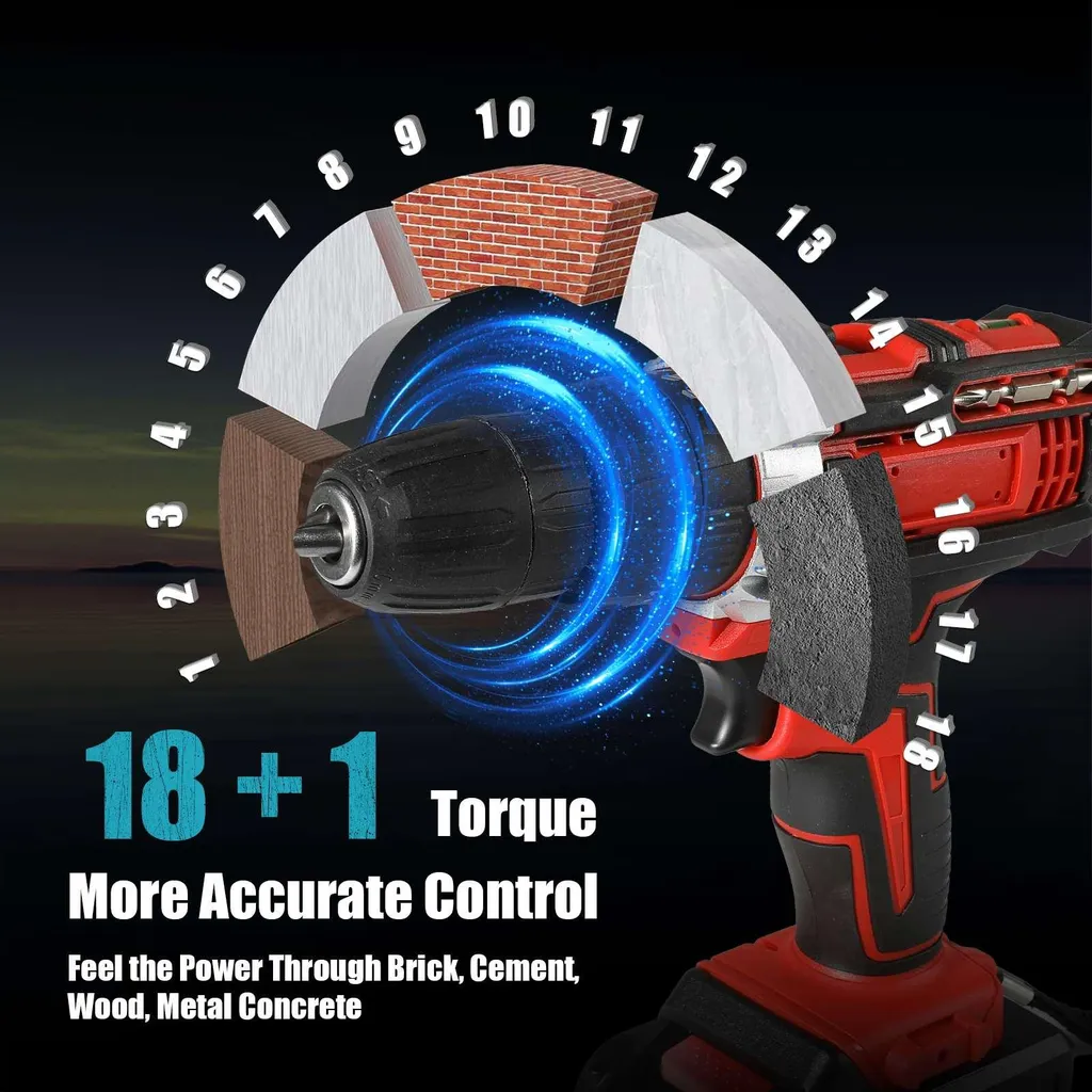 Perceuse à percussion 32N-m réglable 18+1 positions et 2 batteries 18V