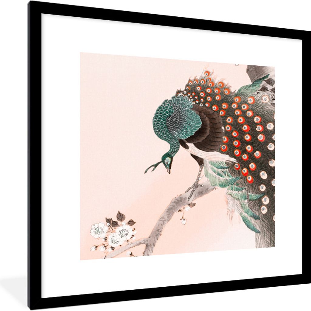 MuchoWow Gerahmtes Poster Pfauenfedern - Vintage - Pfau - Blumen - Japanisch 40x40 cm - Poster mit Schwarzem Bilderrahmen Wandposter Rahmen Foto ...