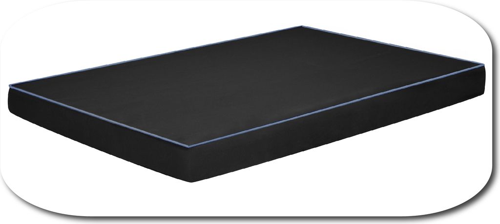A black dog bed with a blue trim, shown from a slight angle on a white background.
