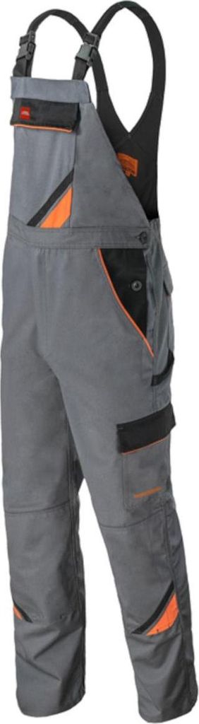 A pair of gray work overalls with orange and black accents, presented against a white background.