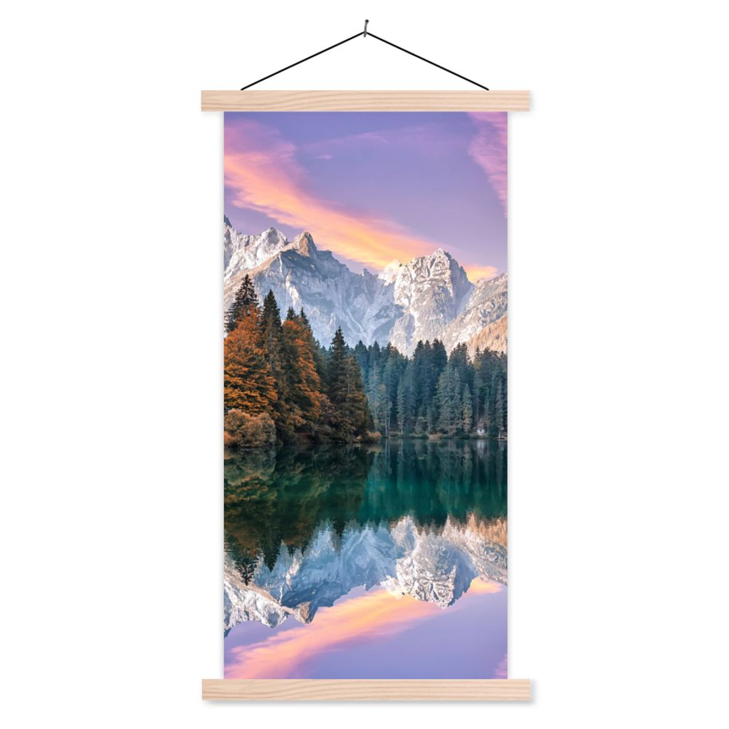 MuchoWow Textilposter Berg - Wald - Wasser - Himmel - Rosa - Lila 60x120 cm mit holzfarbenen Rahmen - Holz