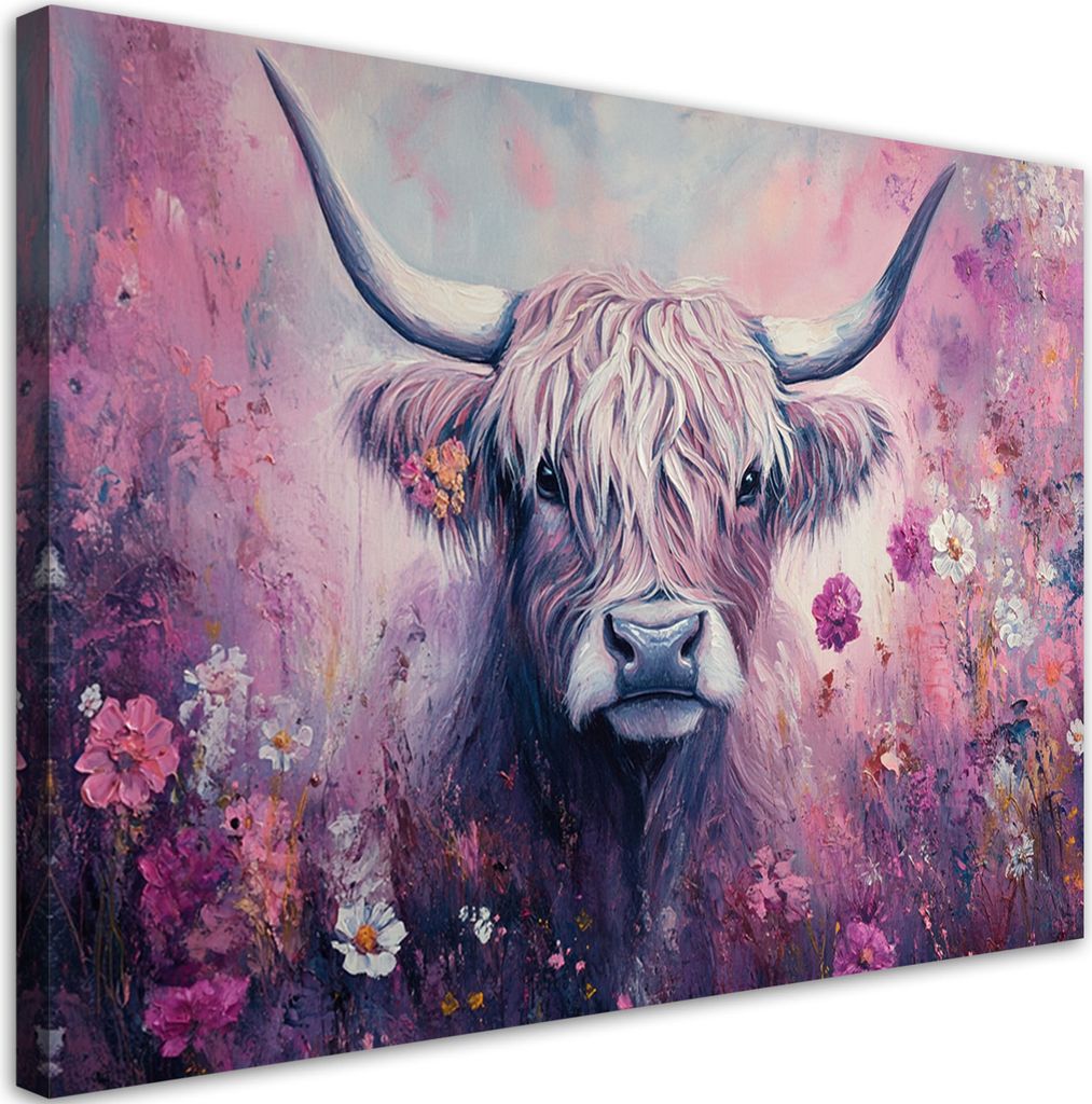 Leinwandbild Schottische Kuh Rosa Blumen Abstraktion 90x60 Feeby Rosa bild für die wand bereit zum aufhängen