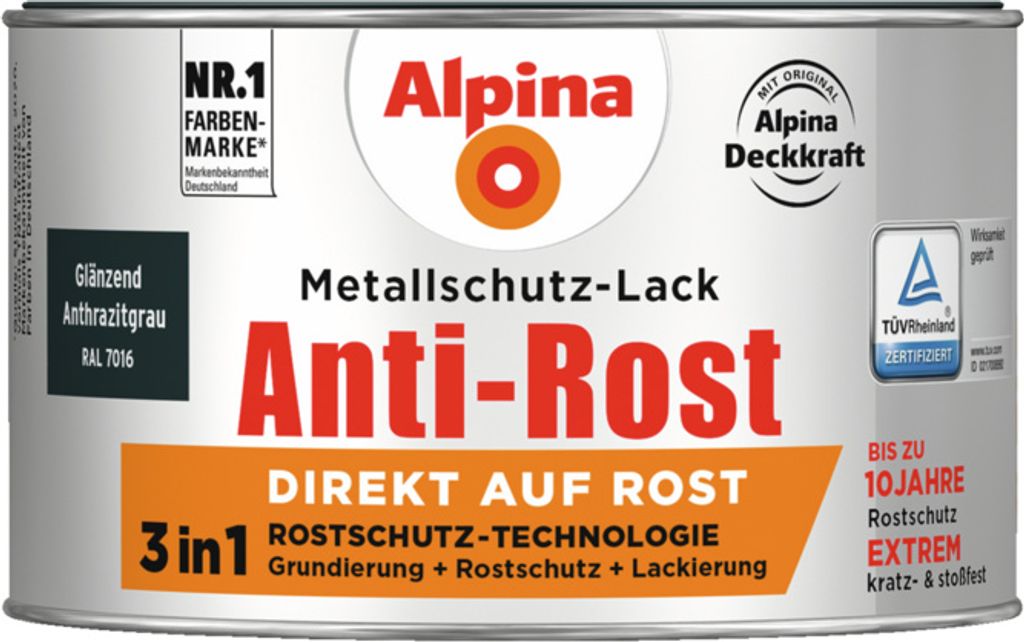 Alpina 300 ml Anti-Rost Metallschutz-Lack, 3in1, RAL 7016 Anthrazitgrau Glänzend
