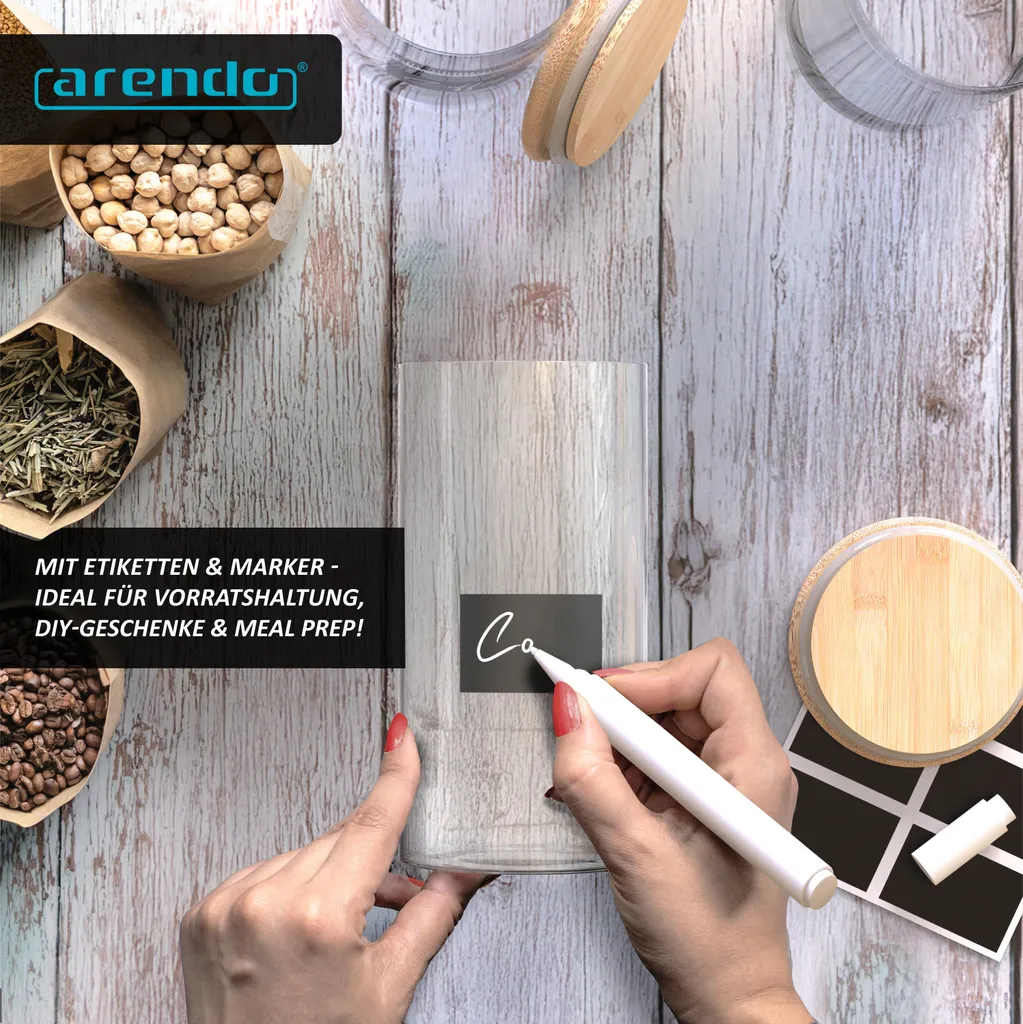 Arendo barattoli per la conservazione, set di barattoli in vetro 6x 1,5 litri borosilicato, coperchio in bambù, adesivo e pennarello, set di 6, resistenti al calore, ermetici, adatti al microonde e al lavaggio in lavastoviglie - 4