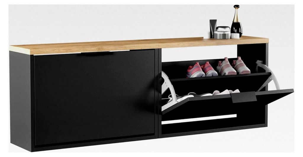 2 x schmaler Schuhschrank mit 1 Klappe, platzsparendes Schuhregal mit 2 Ablagen, Schuhkommode für Diele, Flur, Garderobe 60 x 23 x 42,5 cm, schwarz