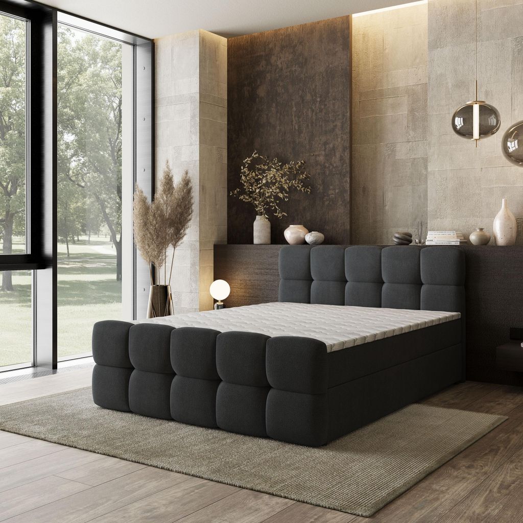Masseno Boxspringbett BRUME 140x200 cm Komplett-Set mit Bonell Matratze und Topper, Polsterbett mit Bettkästen -Schwarz, SORO 100