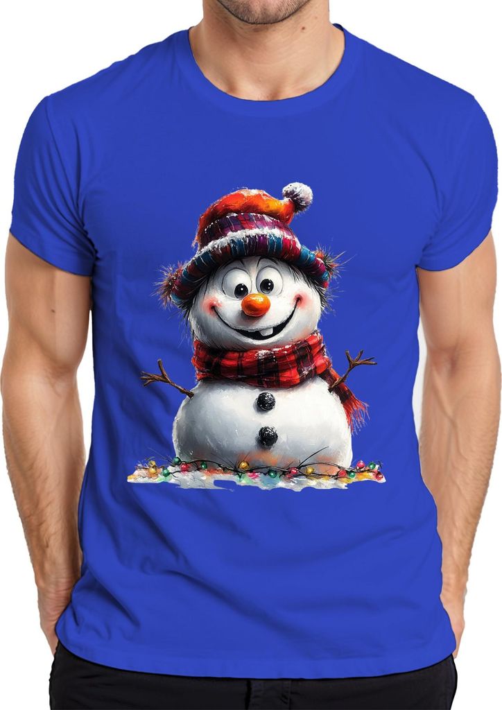 Schneemann Lustig Karottennase Schal Lichterkette Weihnachten Herren T-Shirt, Blau, XL
