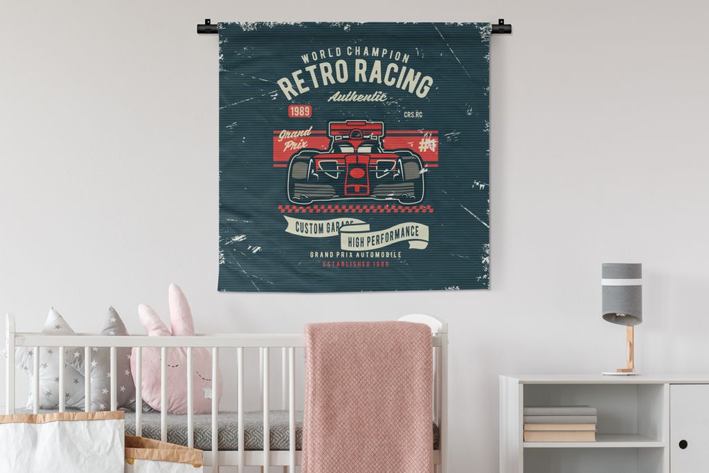 MuchoWow Wandteppich Wandbehang Auto - Rennen - Retro - Zeichnung 90x90 cm Tapisserie Dekoration Wandtuch - Wandaufhänger