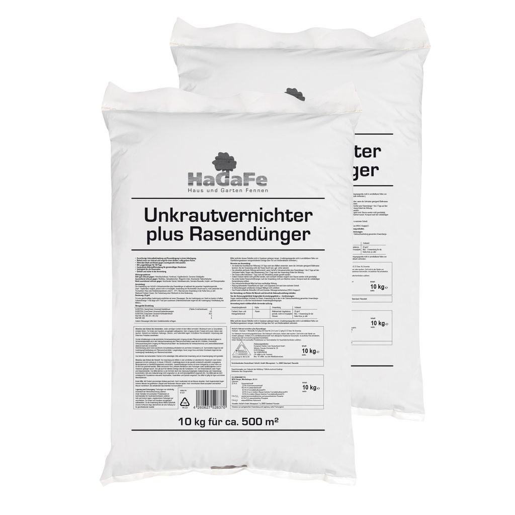 HaGaFe Unkrautvernichter plus Rasendünger, Dünger mit UV, NPK, Volldünger, Rasen düngen plus Unkraut vernichten 2 x 10kg (20kg)