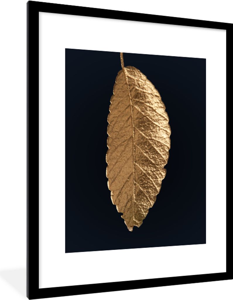 MuchoWow Gerahmtes Poster Blätter - Schwarz - Gold - Luxus - Natur 60x80 cm - Poster mit Schwarzem Bilderrahmen Wandposter Rahmen Foto Bilder - ...
