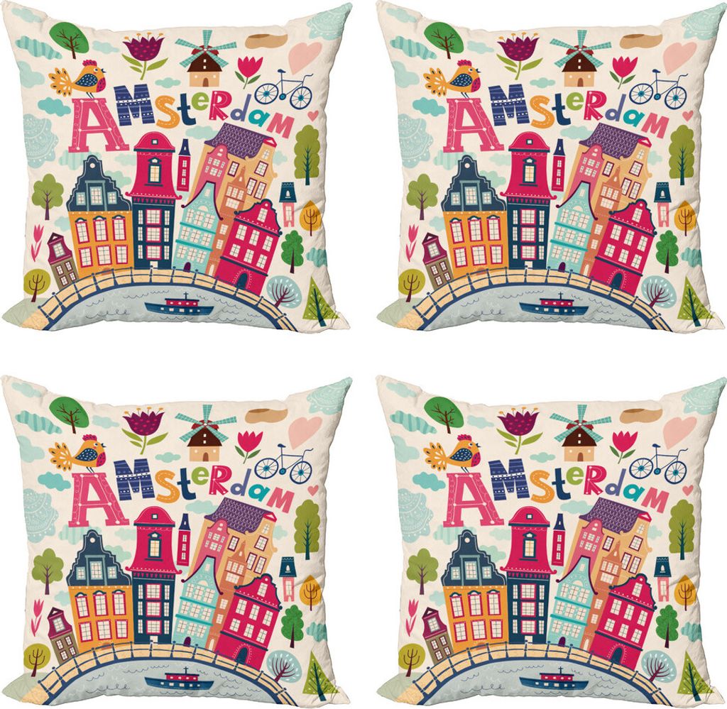 ABAKUHAUS Niederländisch Kissenbezug Set (4 Stück), Cartoon Amsterdam Häuser, Moderner Doppelseitiger Digitaldruck, 50 cm x 50 cm, Mehrfarbig