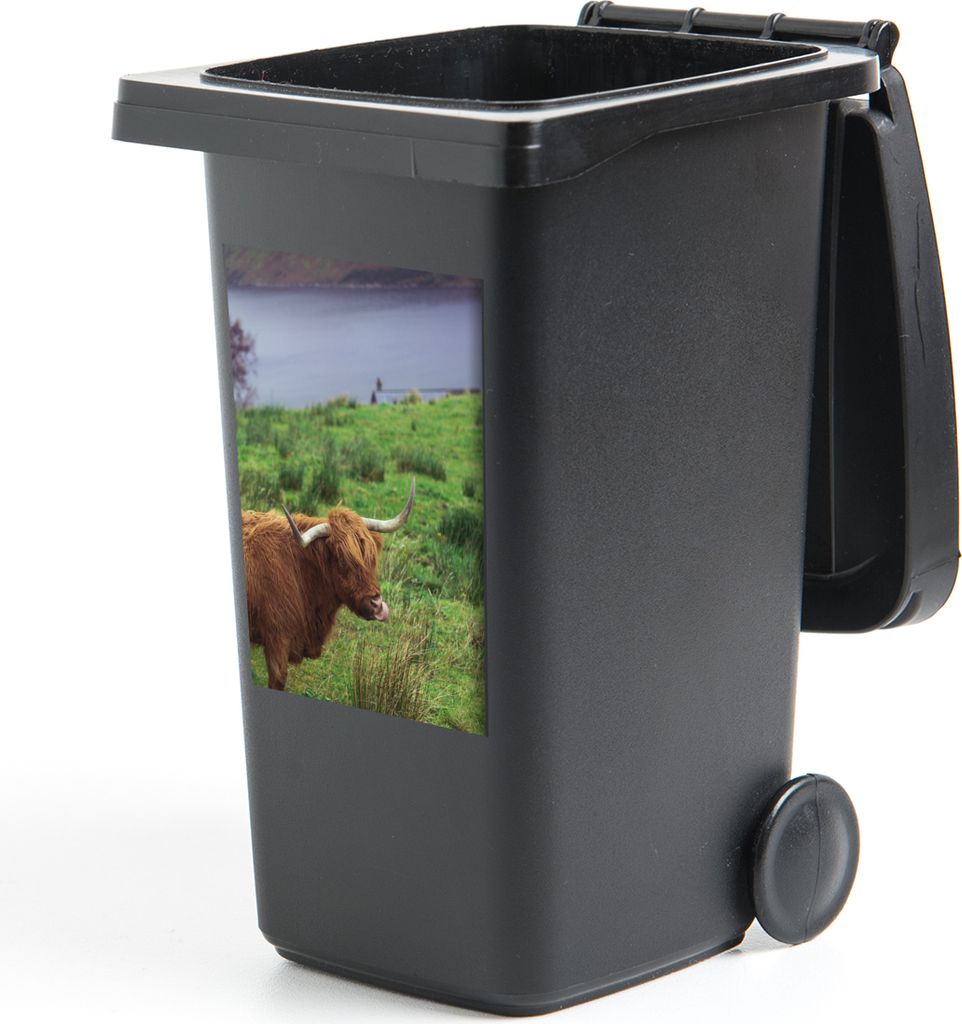 MuchoWow Mülltonnenaufkleber Schottische Highlander - Gras - Wasser - Tiere 40x60 cm - Mültonnen-sticker - Sticker - Aufkleber für die Mülltonne