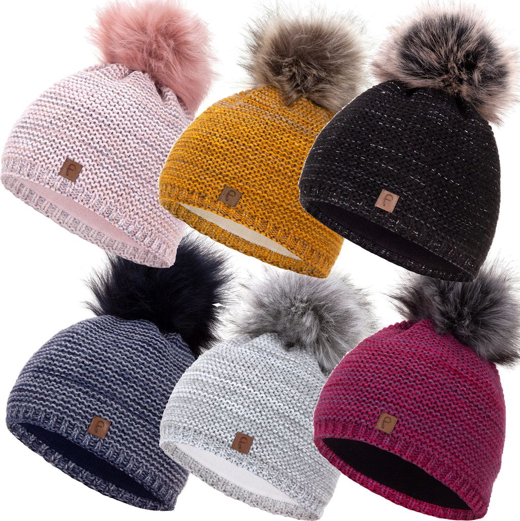 Faera Wintermütze warm gefüttert mit Kunstfell Bommel-Mütze Fleece-Futter Winter Strick-Mütze Beanie-Mütze Damen Herren One-Size, Farbe:Warm Grau