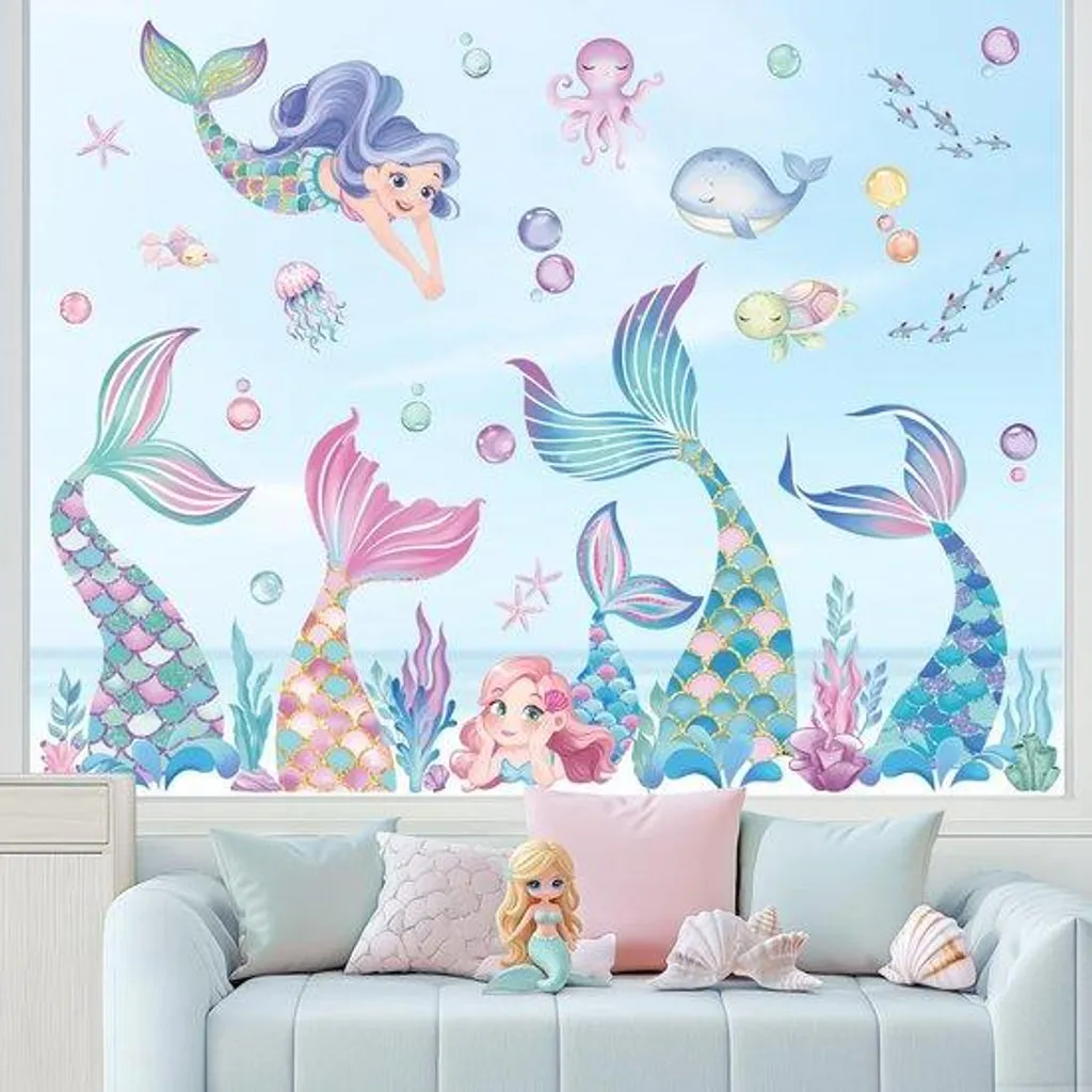 Autocollants Sirènes et Monde Sous-Marin pour Vitres, Décor Bleu, 12 pcs