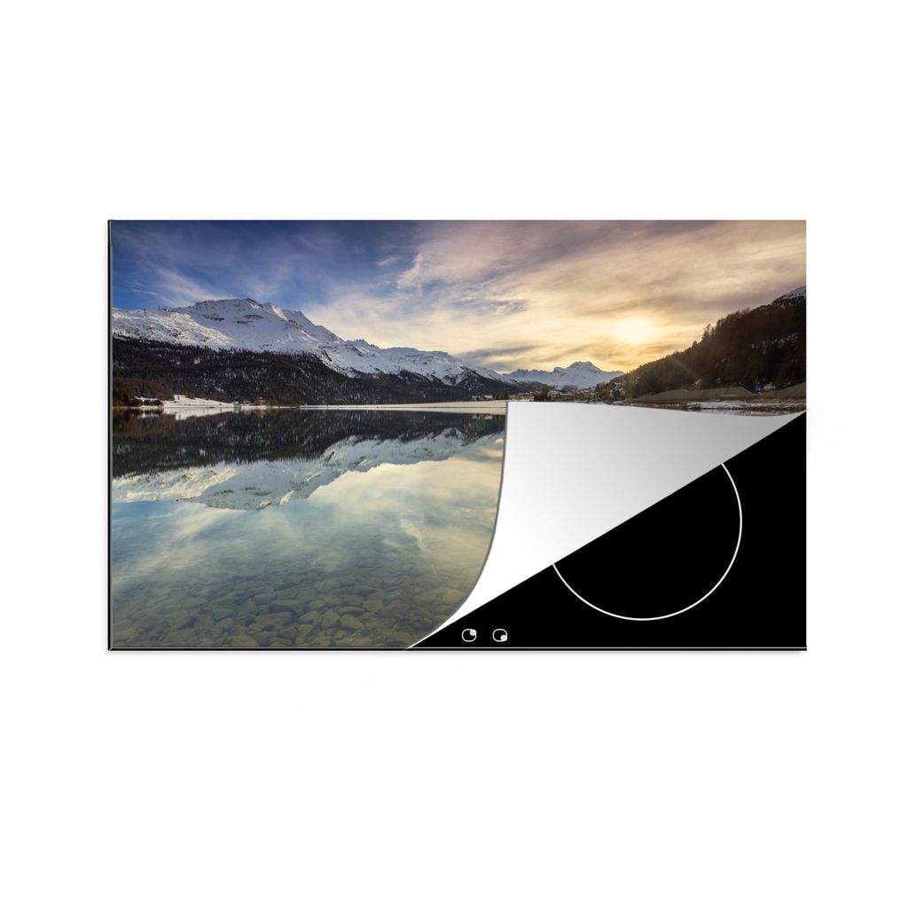 KitchenYeah Herdabdeckplatte Bergsee im Winter Schweiz , 77x51cm, Küche Deko, Glaskeramikkochfeld Herdabdeckung, Abdeckplatte fùr Kochfeld