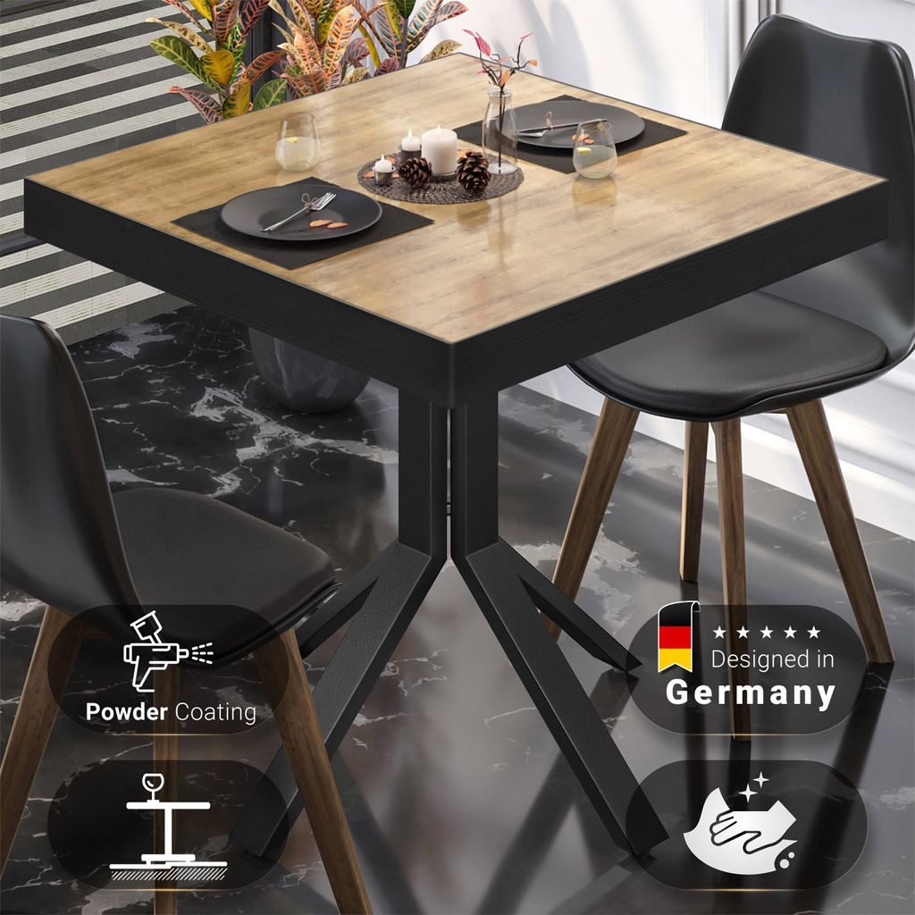 BE | Bistro Tisch | 70 x 70 x 77 cm | Quadratisch | Schwarz Rand | Eiche / Schwarz | Bistrotisch Gastro Tisch